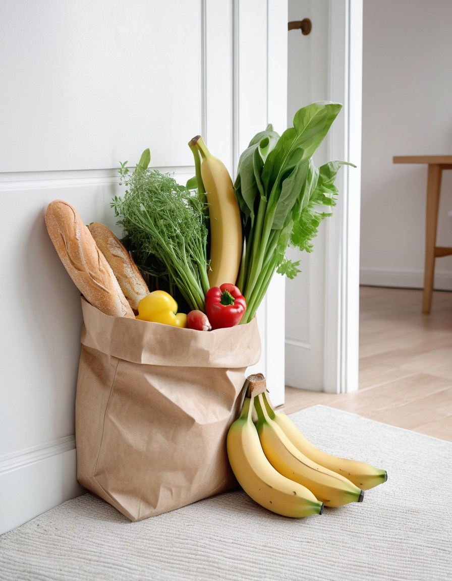 Пакет со свежими продуктами у двери квартиры
